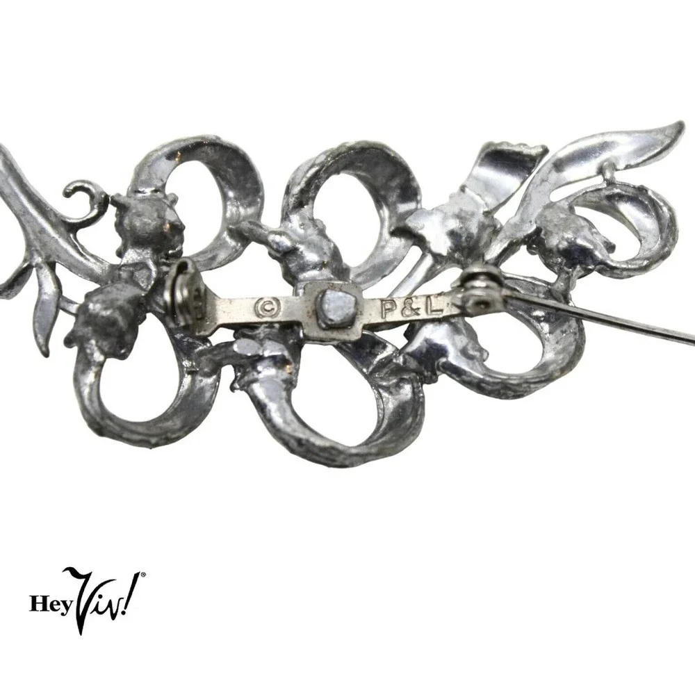 Vintage P&L Curved Looped Ribbon Pin Silver Metal Rhinestones 2